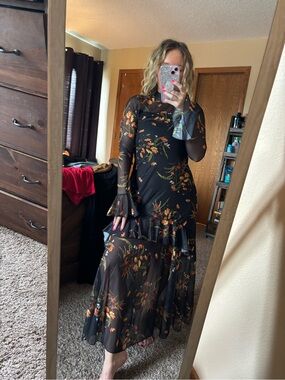 Viral TikTok Black Floral Mesh Maxi Dress - Elegant Long Sleeve Evening Dress